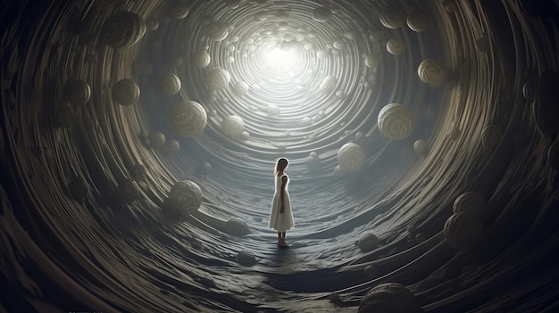 Uma mulher em pé em um túnel com muitas esferas Generative AI Art