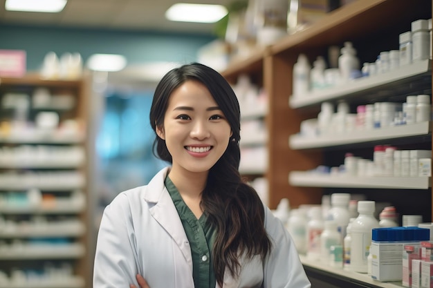 Uma mulher em pé em uma farmácia com uma prateleira atrás dela