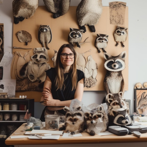 Uma mulher em pé na frente de um monte de bichos de pelúcia generativa imagem ai