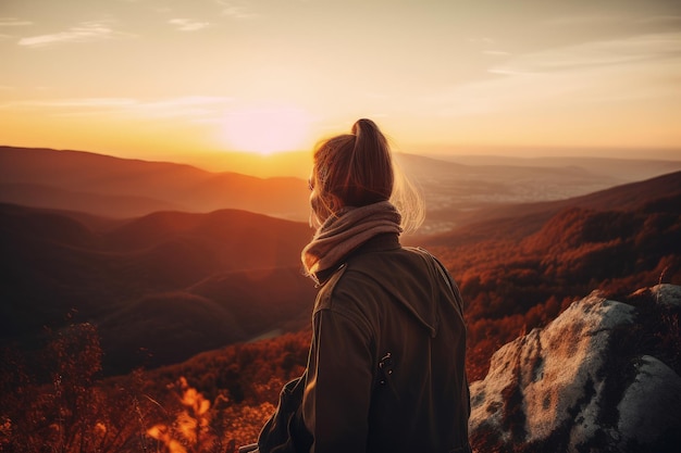 Uma mulher em pé no topo de uma montanha na IA generativa do pôr do sol