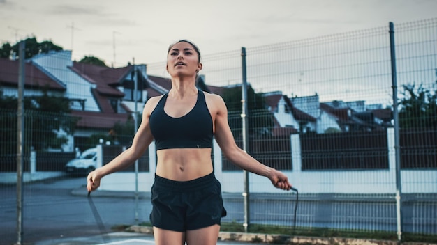 Uma mulher em roupas esportivas está se alongando com uma corda.