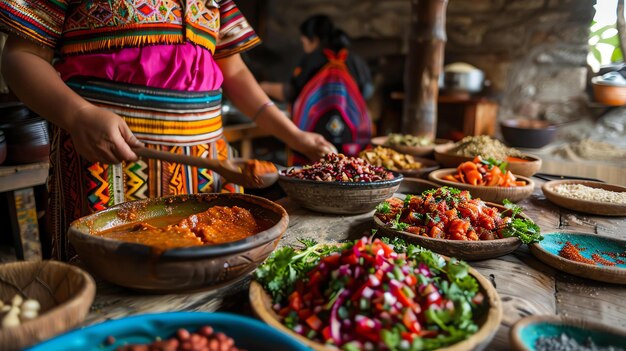 Uma mulher em roupas tradicionais está cozinhando em uma cozinha rústica Há muitas tigelas de comida na mesa, incluindo salada de sopa e legumes