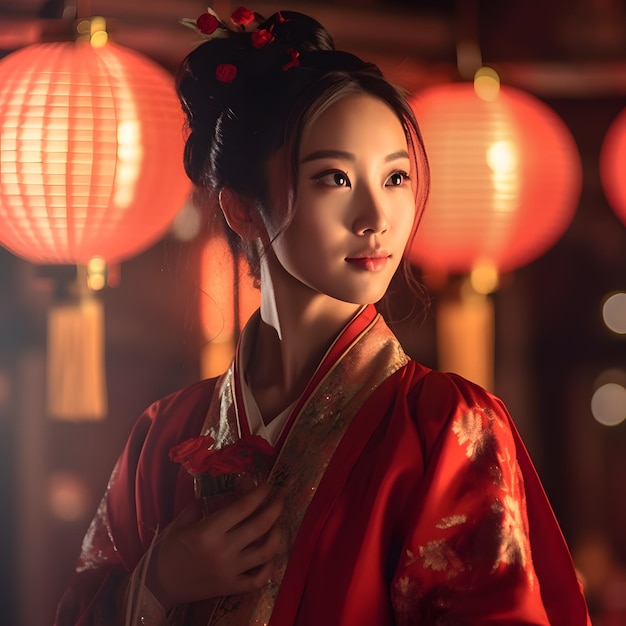 Uma mulher em traje chinês enfeita a foto