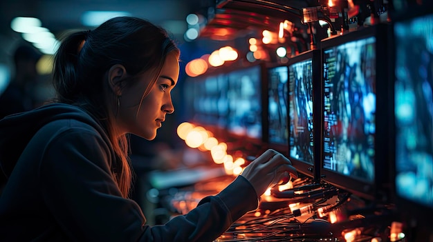 uma mulher em um bar com muitas luzes na parede