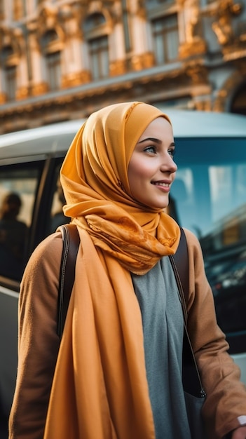 Uma mulher em um cachecol amarelo andando pela rua generativa imagem ai