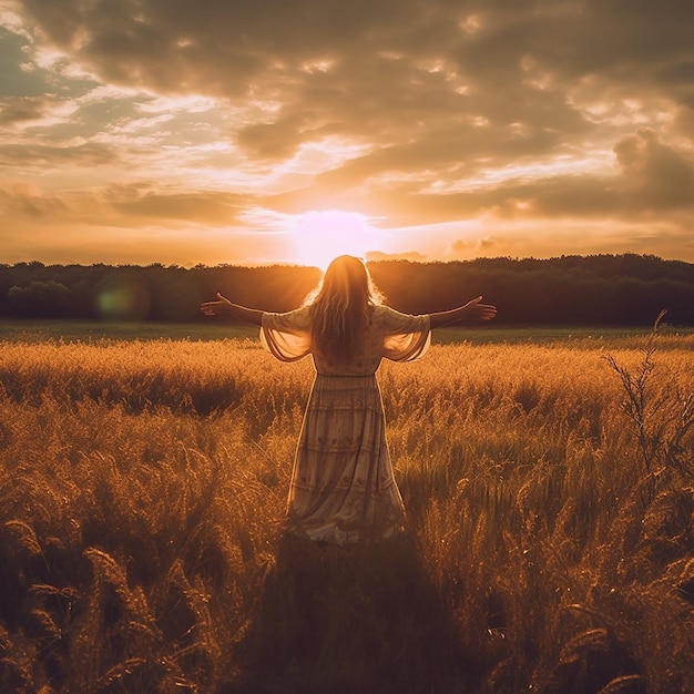 Uma mulher em um campo com o sol se pondo atrás dela