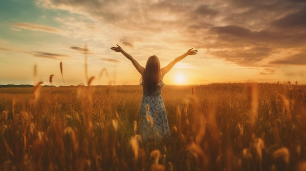 Uma mulher em um campo com os braços estendidos