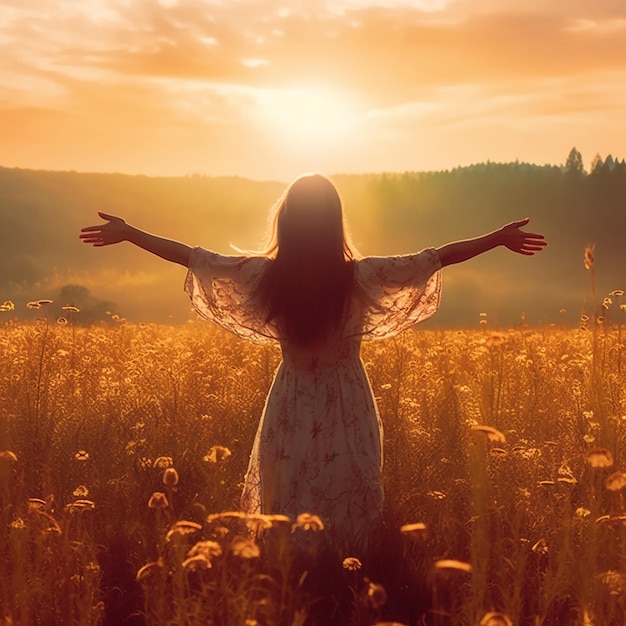 Uma mulher em um campo de flores com os braços estendidos