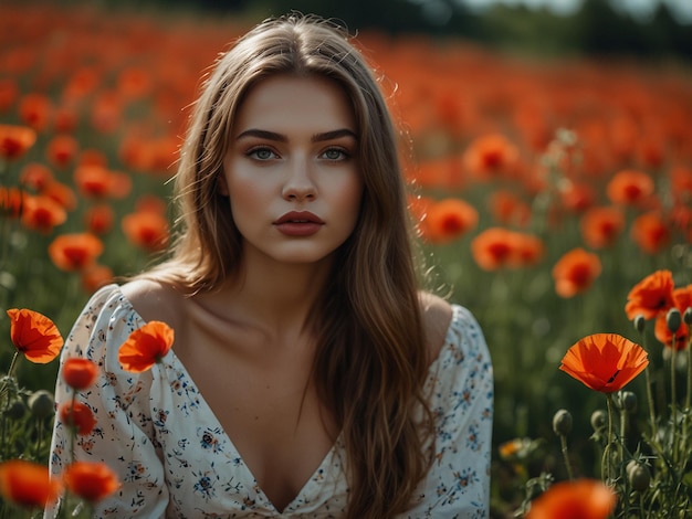 uma mulher em um campo de flores com um fundo iluminado pelo sol