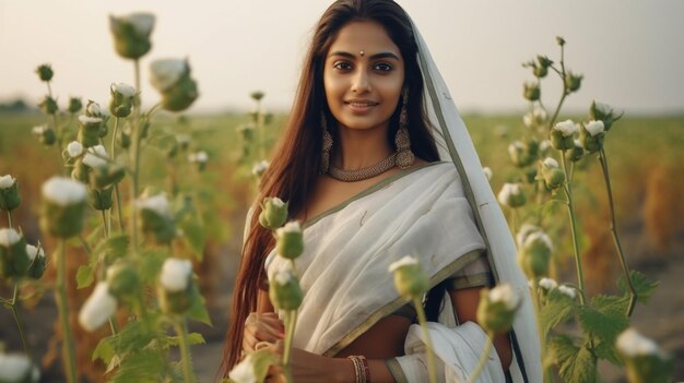 Uma mulher em um campo de flores de lótus