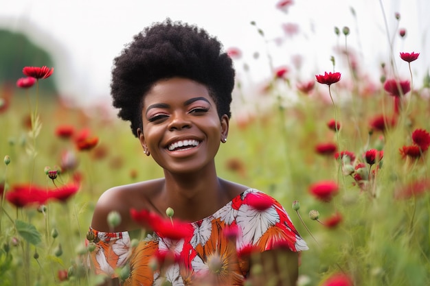 Uma mulher em um campo de flores sorri para a câmera