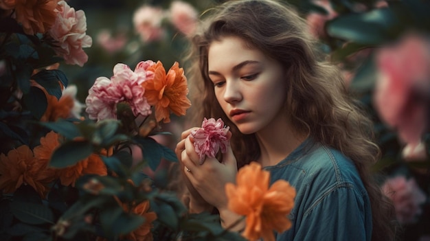 Uma mulher em um campo de flores