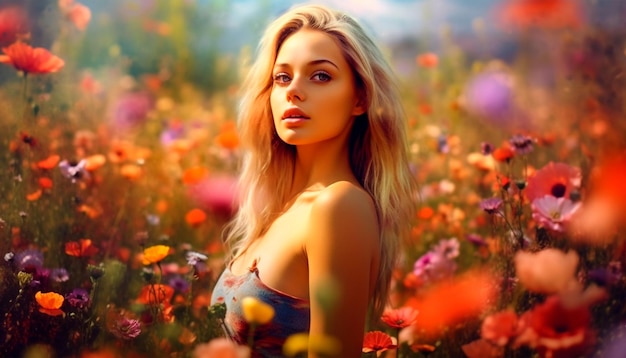 Uma mulher em um campo de flores