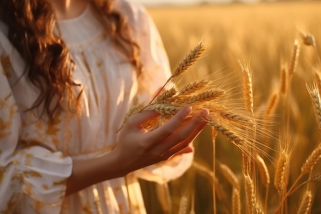 Uma mulher em um campo de trigo segura uma colheita de trigo.