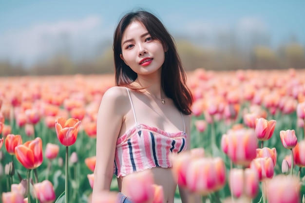 Uma mulher em um campo de tulipas