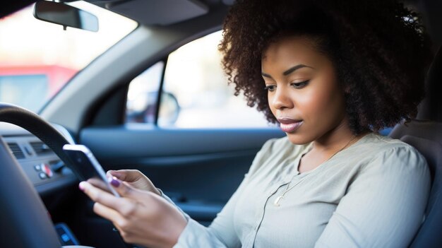 Foto uma mulher em um carro usando um smartphone