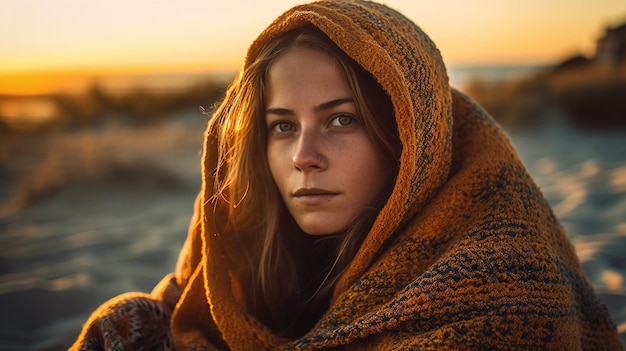 Uma mulher em um cobertor em uma praia