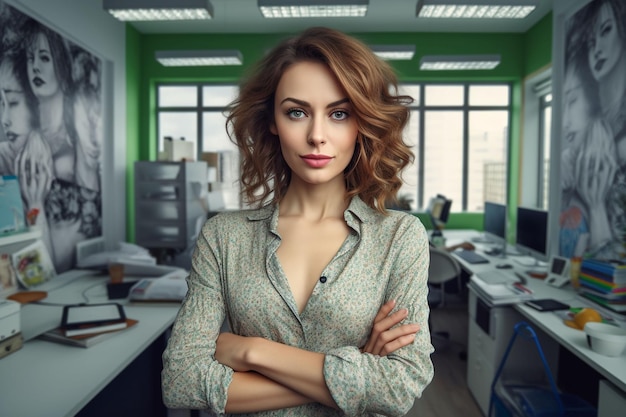 Foto uma mulher em um escritório com uma parede verde atrás dela