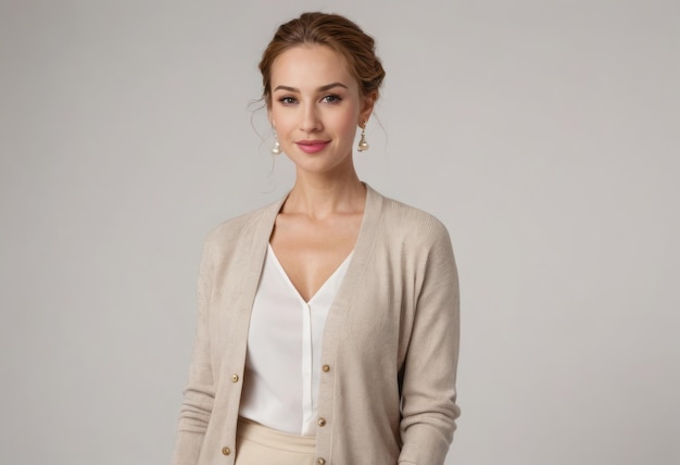 Uma mulher em um estilo casual posa em um cardigan bege sobre uma blusa branca seu olhar é relaxado e