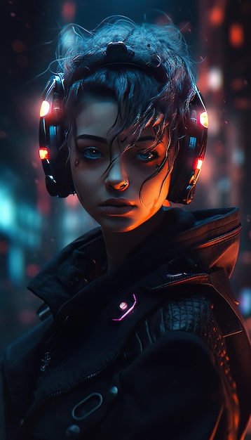 Uma mulher em um estilo cyberpunk futurista com um visual futurista
