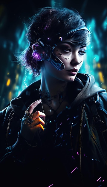 Uma mulher em um estilo cyberpunk futurista com um visual futurista.