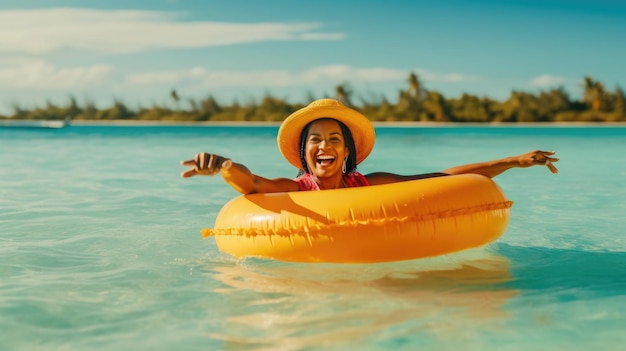 Uma mulher em um flutuador amarelo na água com um chapéu que diz 'eu sou uma praia'