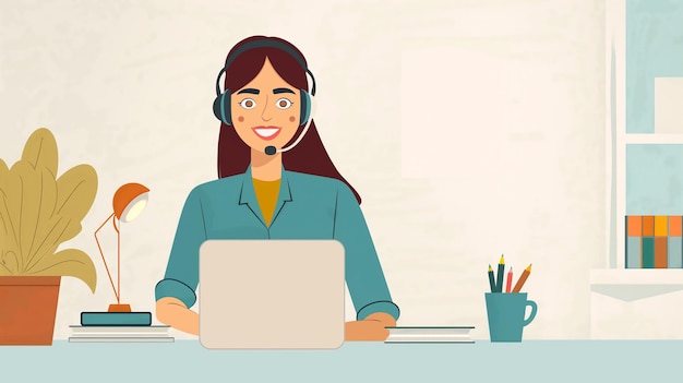 uma mulher em um fone de ouvido com um microfone e um laptop