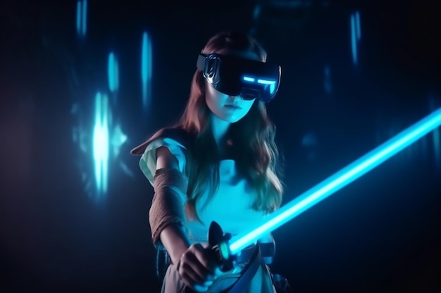 Uma mulher em um fone de ouvido vr segura uma luz de guerra nas estrelas