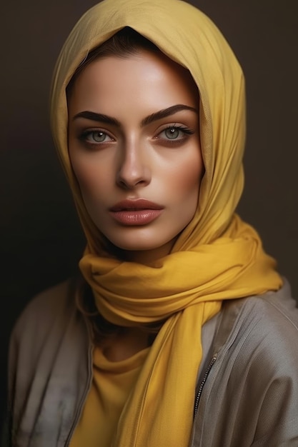 Uma mulher em um hijab amarelo