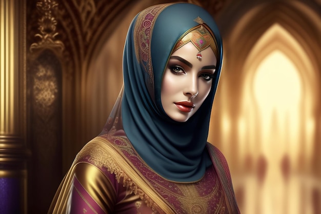 Uma mulher em um hijab azul com um rosto vermelho