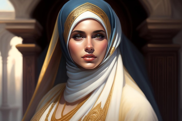 Uma mulher em um hijab branco com uma cobertura de cabeça azul.