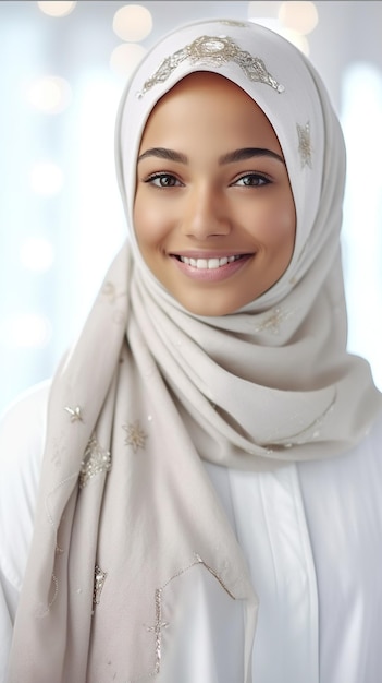 Uma mulher em um hijab branco sorri para a imagem generativa da câmera