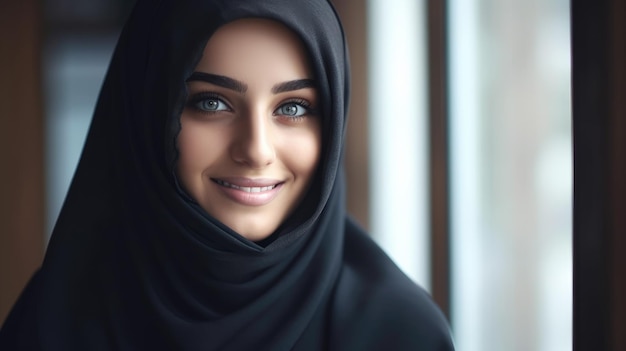 Uma mulher em um hijab com olhos azuis