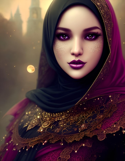 Uma mulher em um hijab com olhos roxos e um colar de ouro