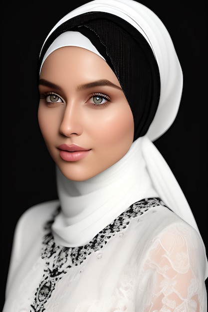 Uma mulher em um hijab e um vestido branco