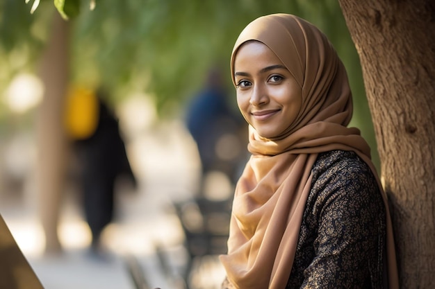 Uma mulher em um hijab está em um parque sorrindo