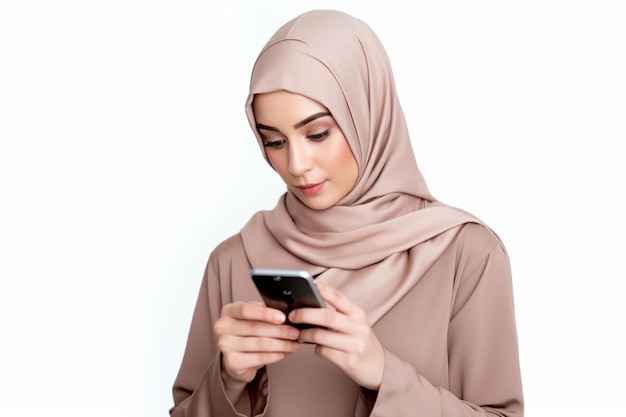 Uma mulher em um hijab está usando um telefone