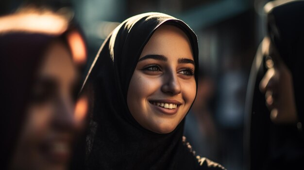 Uma mulher em um hijab olha para a câmera.