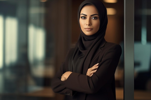 Uma mulher em um hijab preto com os braços cruzados.