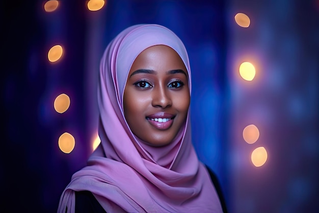 Uma mulher em um hijab rosa fica na frente de um fundo azul com luzes.