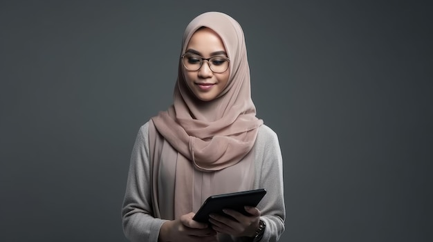 Uma mulher em um hijab rosa segura um tablet nas mãos.