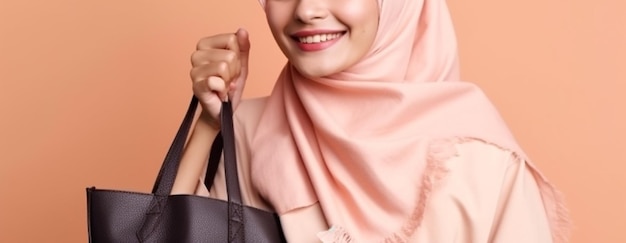 Uma mulher em um hijab segurando uma bolsa rosa generative ai
