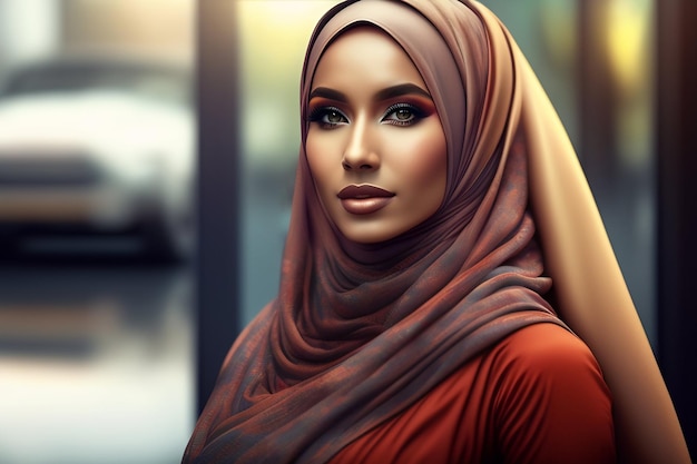 Uma mulher em um hijab vermelho com olhos azuis