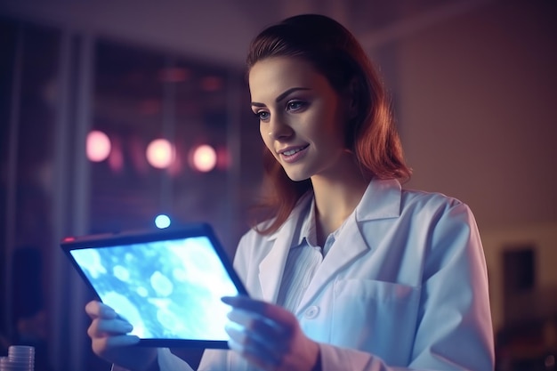 Uma mulher em um jaleco usando um computador tablet Generative AI