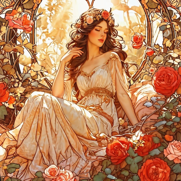 Uma mulher em um jardim com rosas inspiradas em imagens Art Nouveau