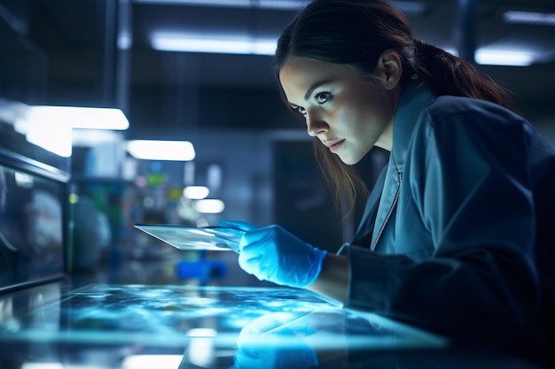 Uma mulher em um laboratório usando um tablet para pesquisa e análise