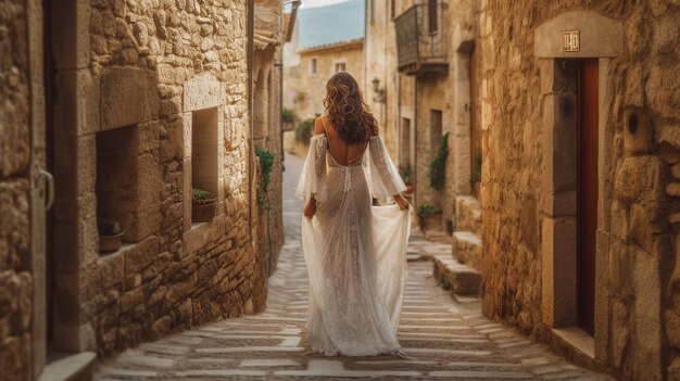 Uma mulher em um luxuoso vestido de noiva branco enquanto ela serpenteia graciosamente ao longo de uma rua de paralelepípedos