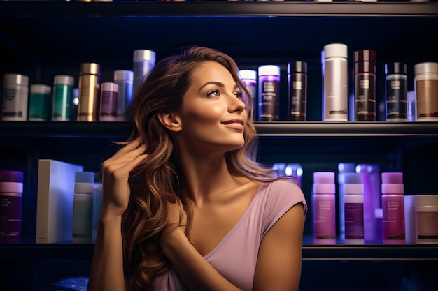 Uma mulher em um mercado de salão de beleza selecionando um cosmético