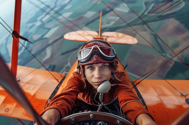 Foto uma mulher em um piloto laranja piloto está sentado em um avião laranja