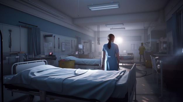 Uma mulher em um quarto de hospital com uma túnica azul em frente a uma cama de hospital.